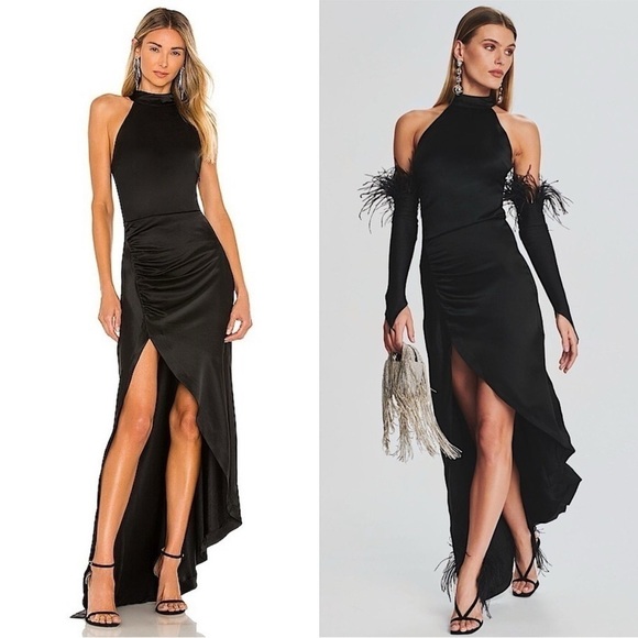 RETROFETE Satin Sleeveless Halter Mockneck Asymmetric Ruched Side Slit Gown S - Picture 1 of 12